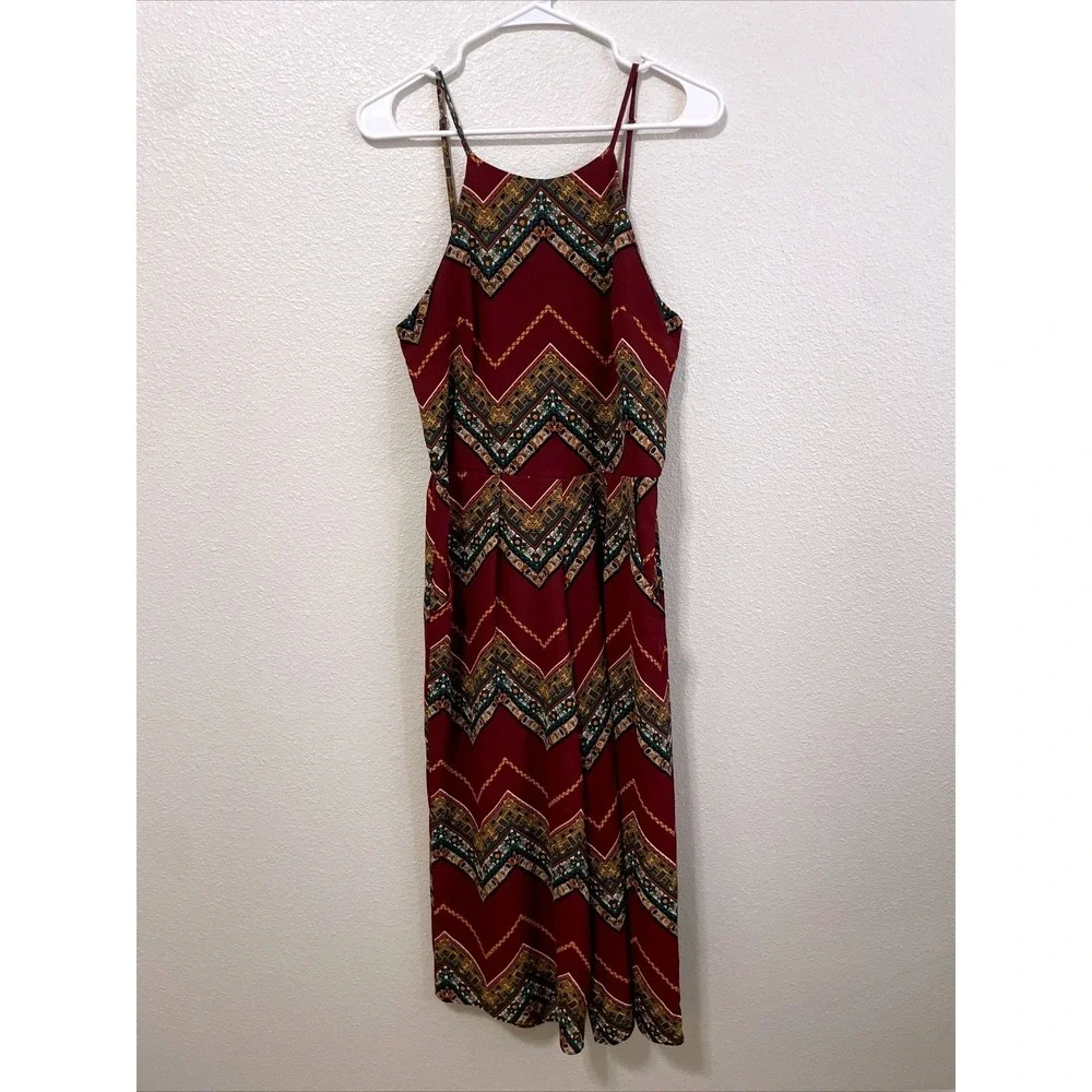 Wrangler Jumpsuit Women Medium Burgundy Chevron Geometric Wide Leg‎ LWK551M